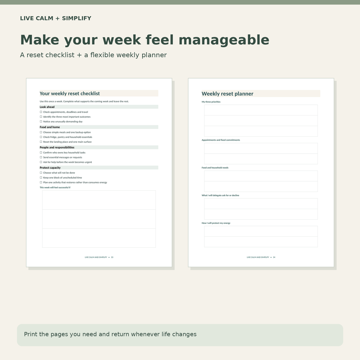 A promotional graphic for a weekly planner and reset checklist set. The design shows two printed page layouts on a light warm-gray background with headline text reading 'Make your week feel manageable' and smaller copy describing a reset checklist and flexible weekly planner.