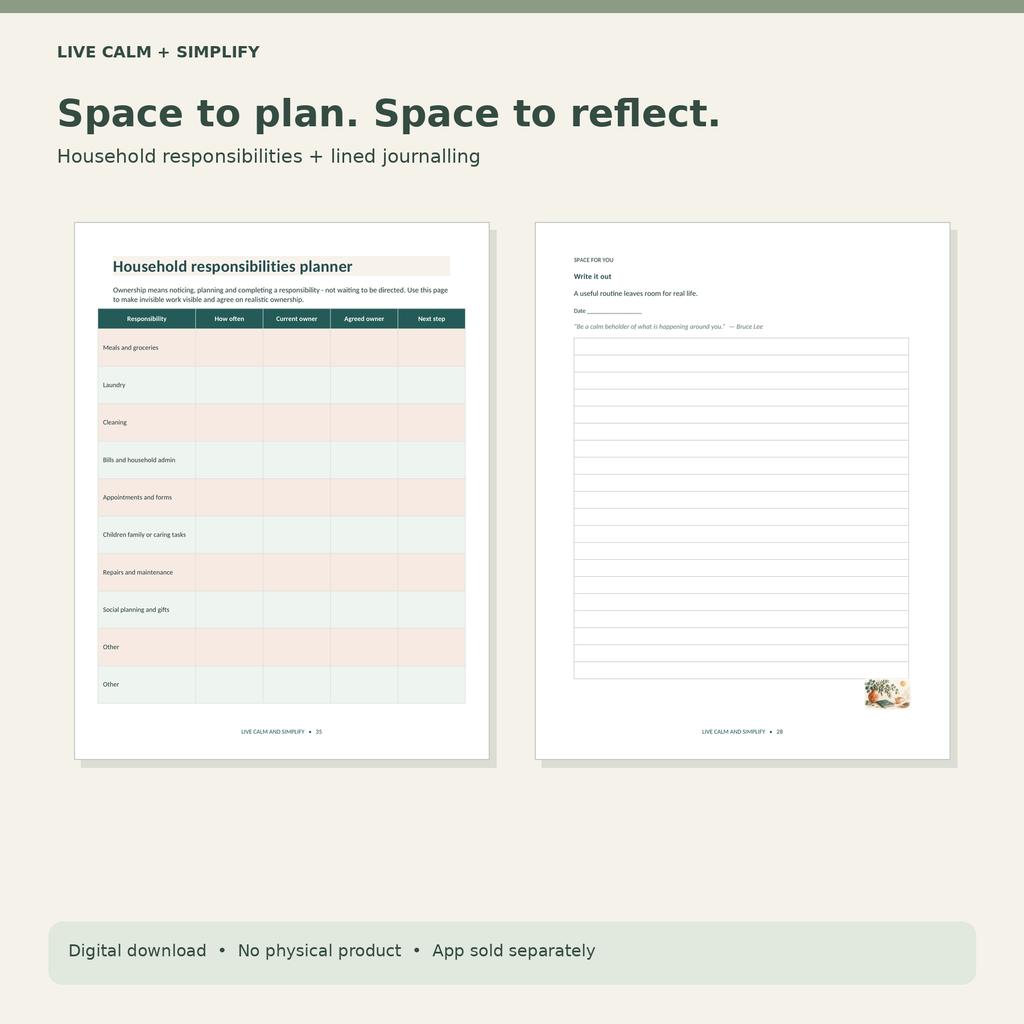 Digital listing graphic for a household responsibilities planner and lined journaling page set, shown on a light beige background with the headline 'Space to plan. Space to reflect.
