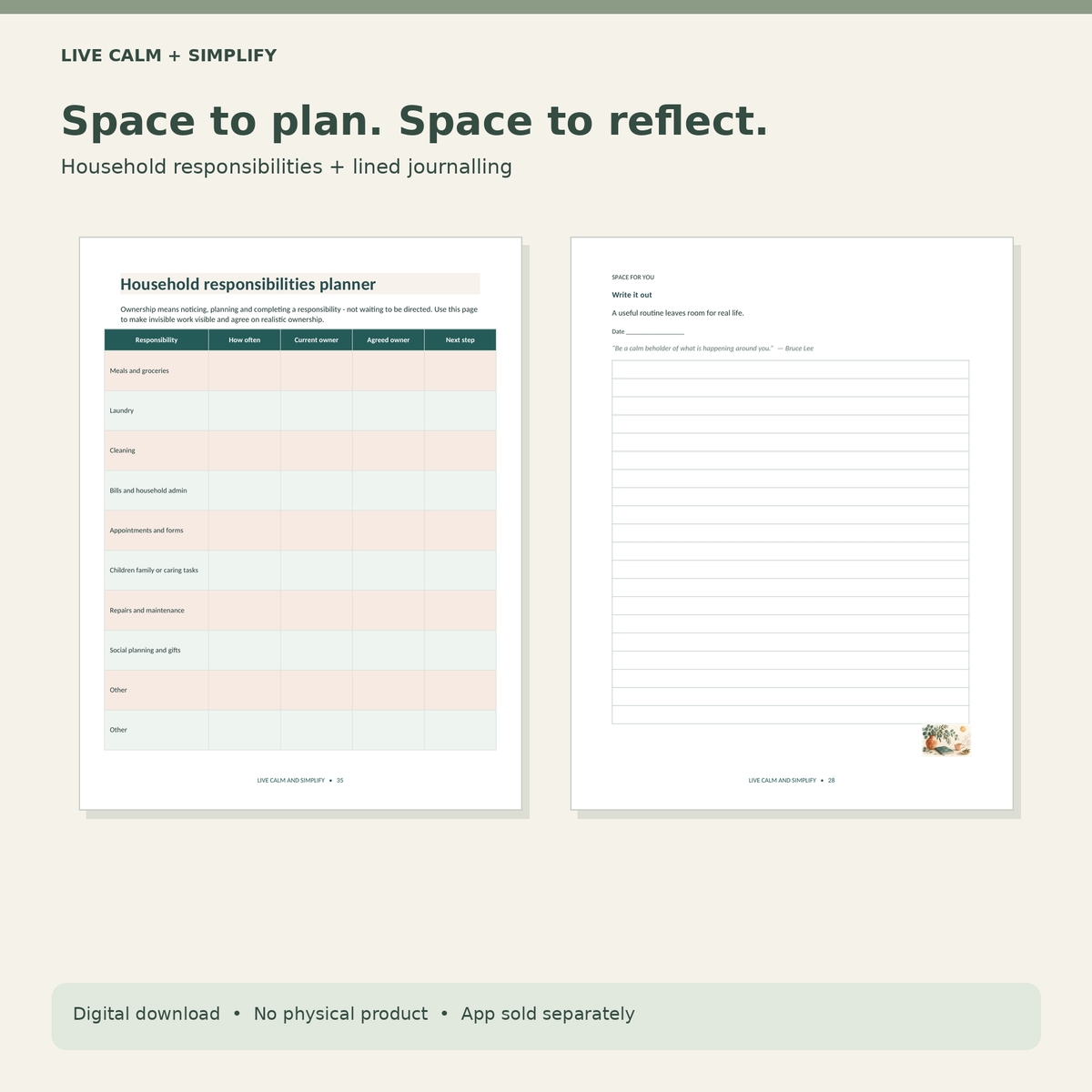 Digital listing graphic for a household responsibilities planner and lined journaling page set, shown on a light beige background with the headline 'Space to plan. Space to reflect.