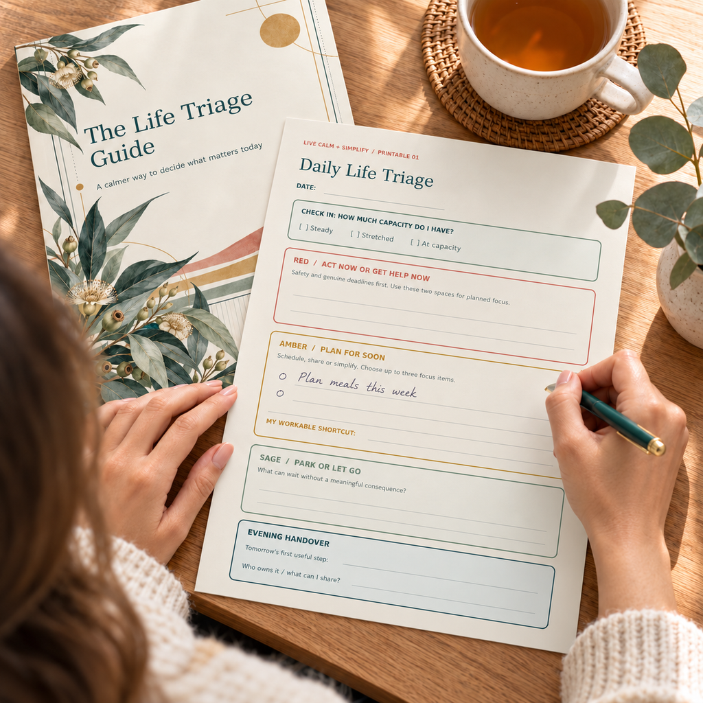 A person sits at a wooden table using a Daily Life Triage planner sheet, with another printed guide titled 'The Life Triage Guide' behind it. A cup of tea and greenery are visible in the scene.