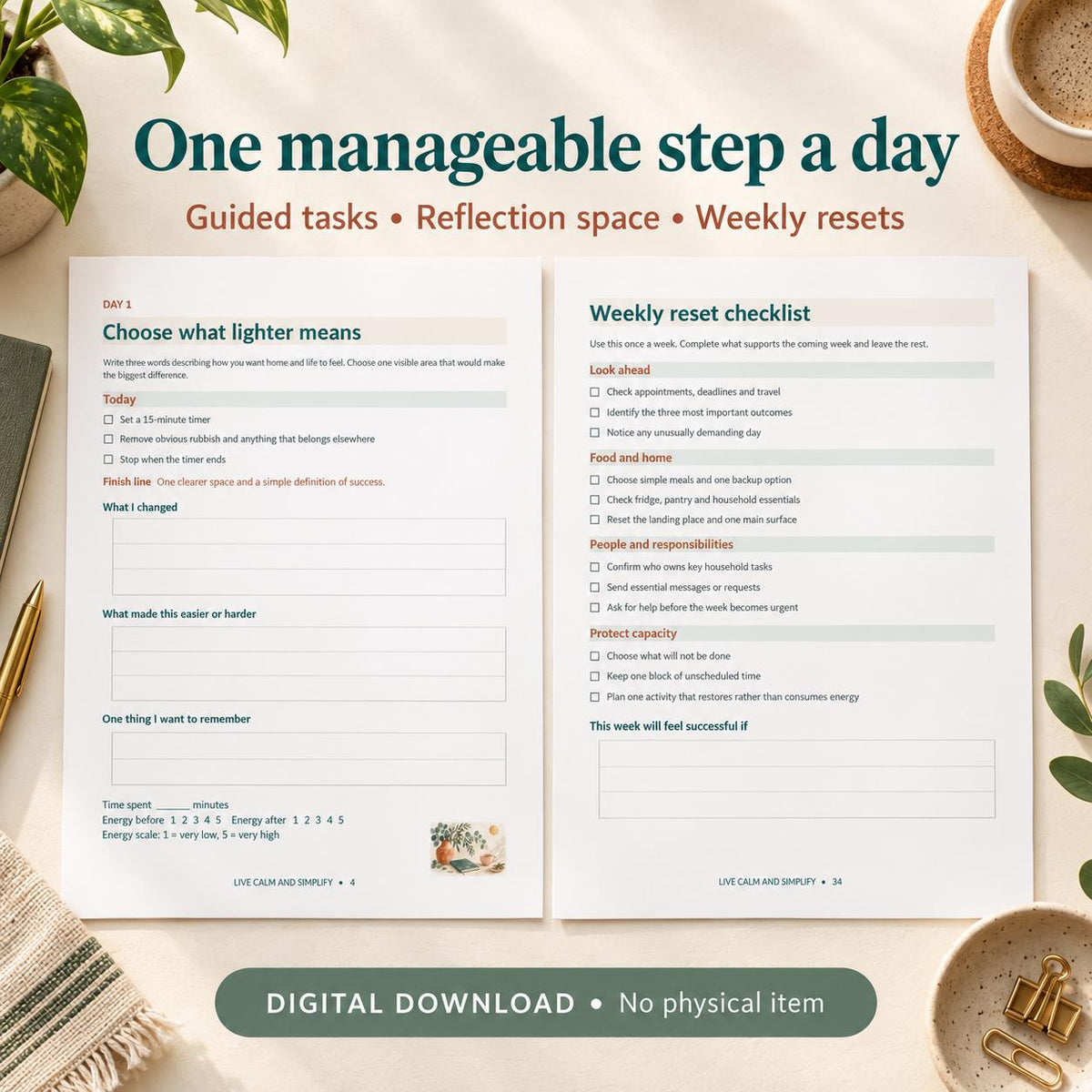 30-Day Life Reset Workbook | Printable Decluttering & Household Planner | PDF + Editable Word