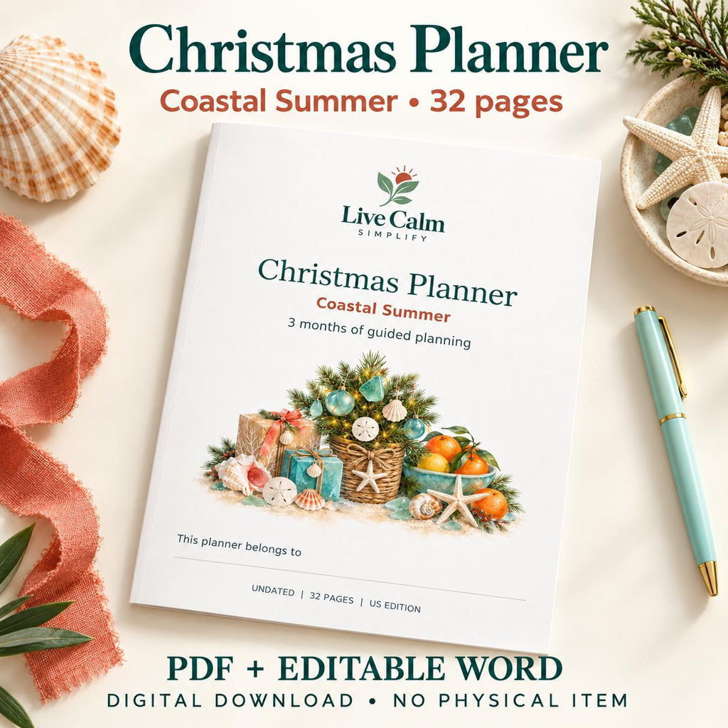 Summer Christmas Planner Printable, Coastal Theme, 32 Pages, PDF + editable word doc
