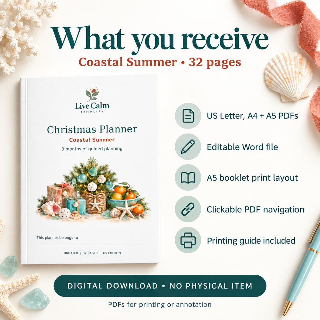 Summer Christmas Planner Printable, Coastal Theme, 32 Pages, PDF + editable word doc
