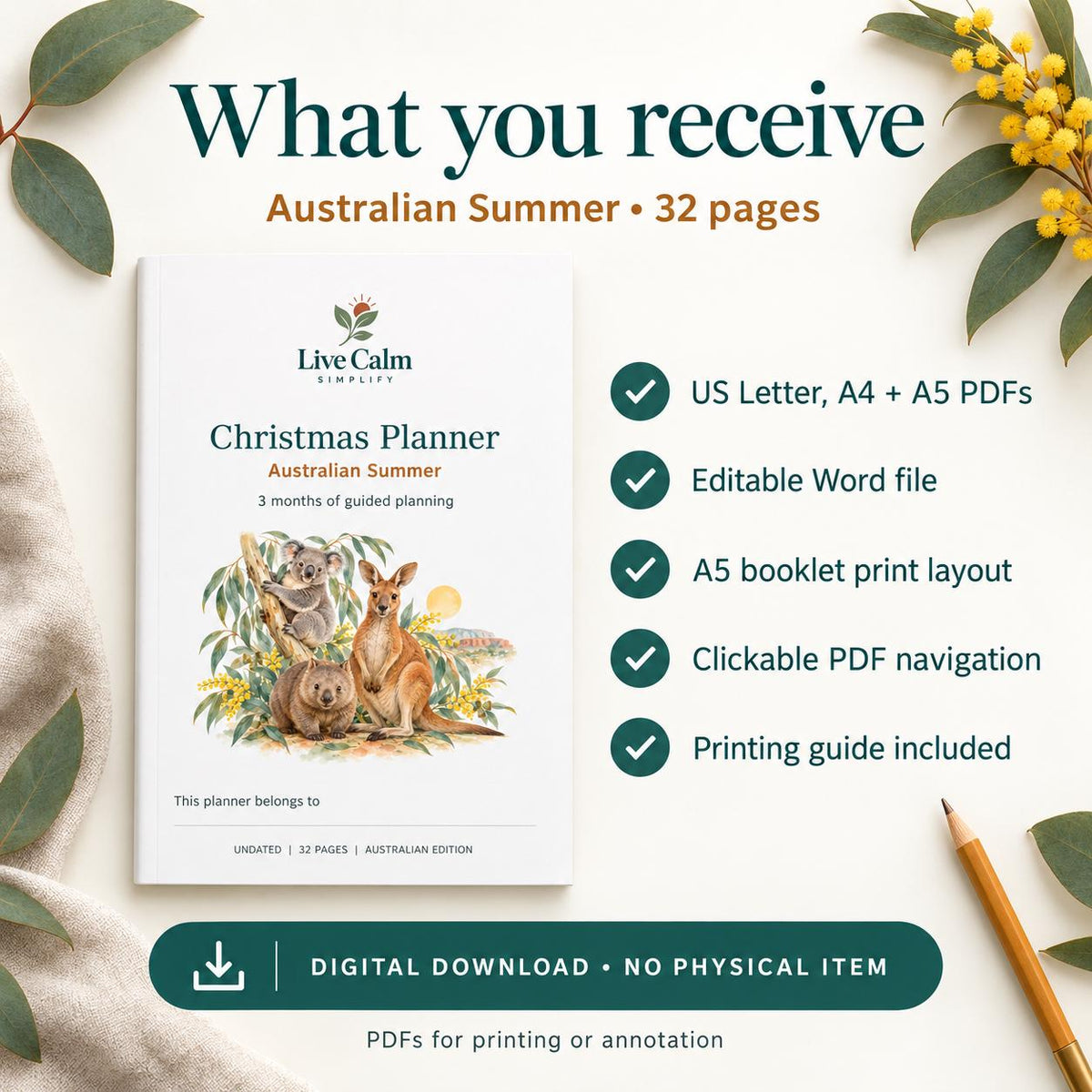 Australian Christmas Planner Printable, Native Animals, 32 Pages, PDF and Editable Word