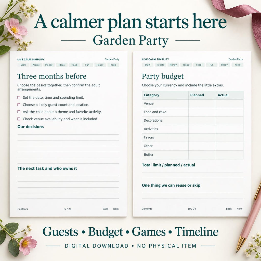 Kids Birthday Party Planner Printable, Garden Theme, 24 Pages, PDF and Editable Word