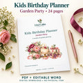 Kids Birthday Party Planner Printable, Garden Theme, 24 Pages, PDF and Editable Word