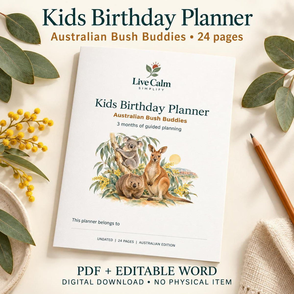 Kids Birthday Party Planner Printable, Australian Animals, 24 Pages, PDF and Editable Word