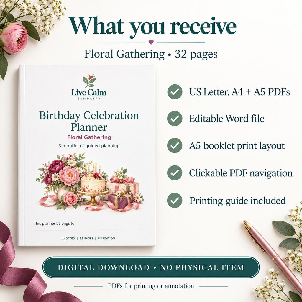 Adult Birthday Party Planner Printable, Floral Theme, 32 Pages, PDF and Editable Word