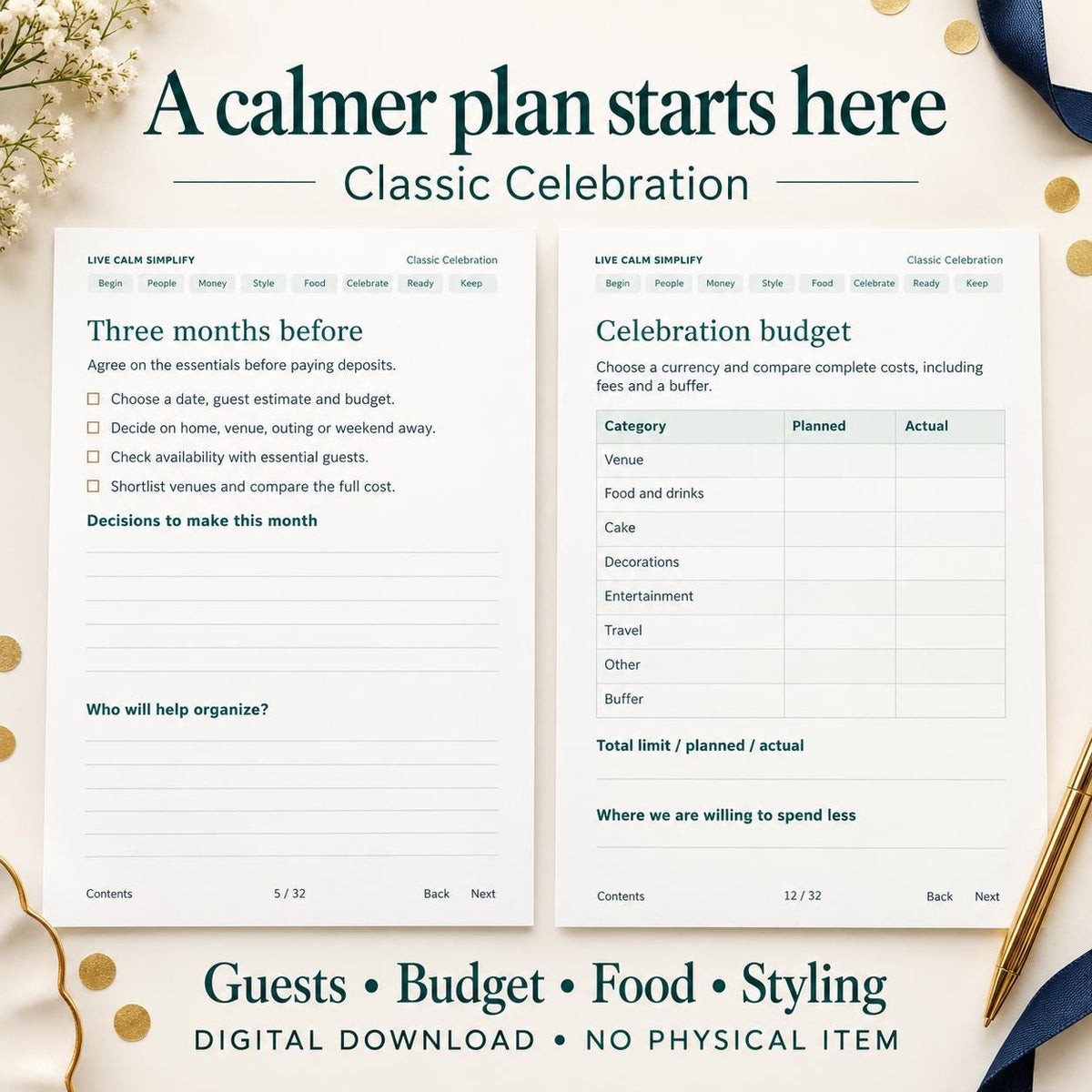 Adult Birthday Party Planner Printable, Classic Theme, 32 Pages, PDF and Editable Word