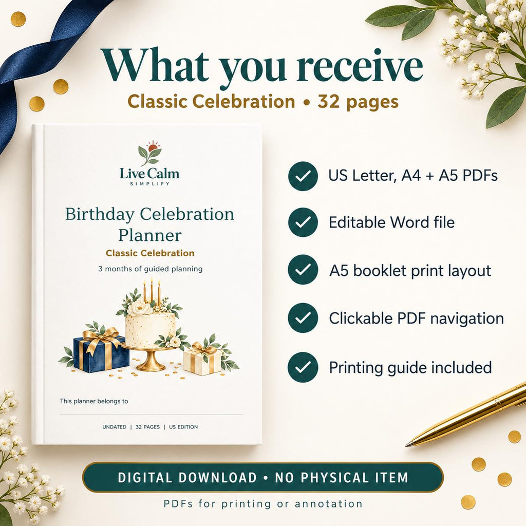 Adult Birthday Party Planner Printable, Classic Theme, 32 Pages, PDF and Editable Word
