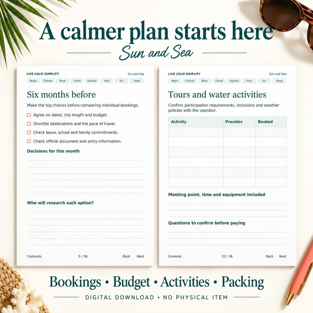 Tropical Vacation Planner Printable, Six Month Countdown, 36 Pages, PDF and Editable Word