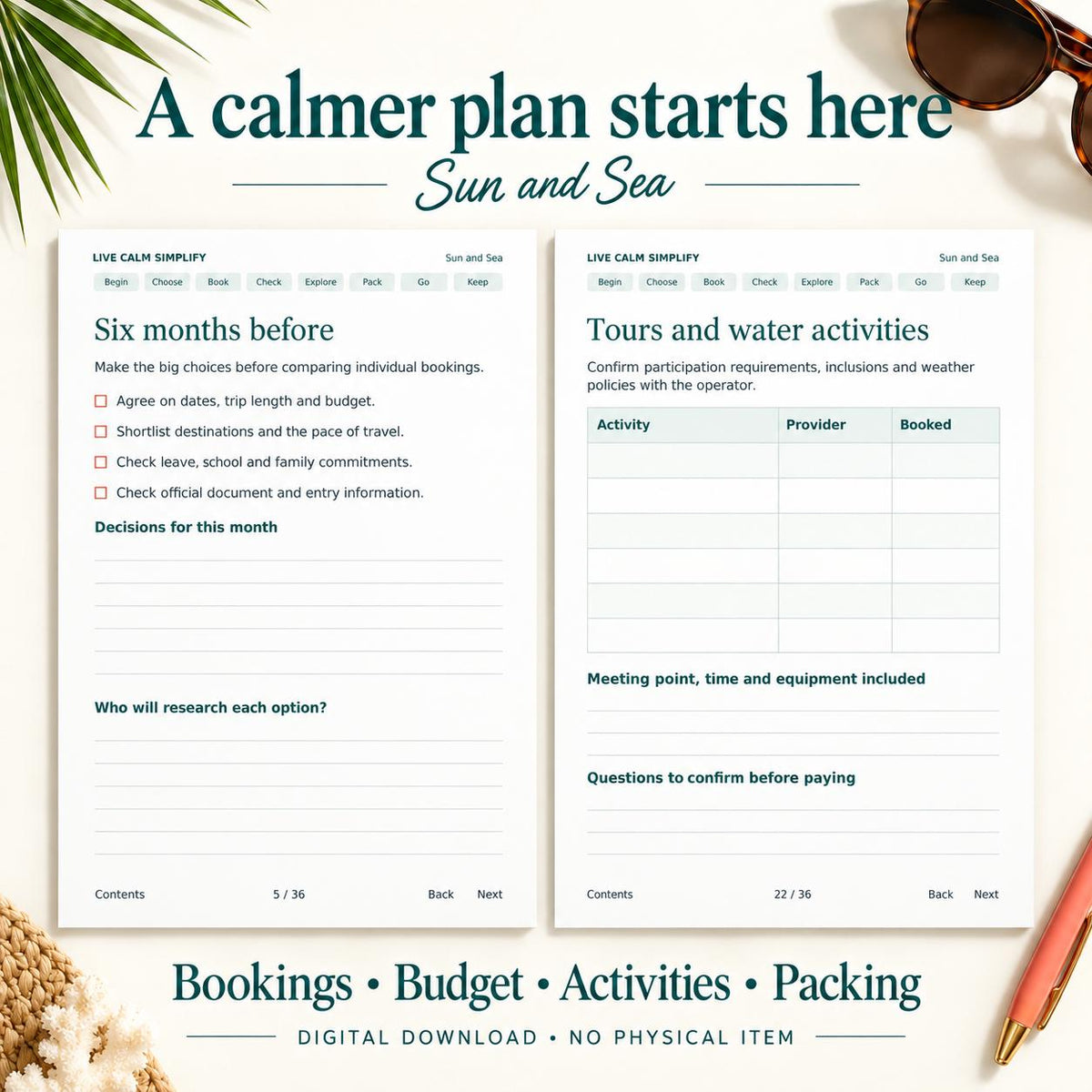 Tropical Vacation Planner Printable, Six Month Countdown, 36 Pages, PDF and Editable Word