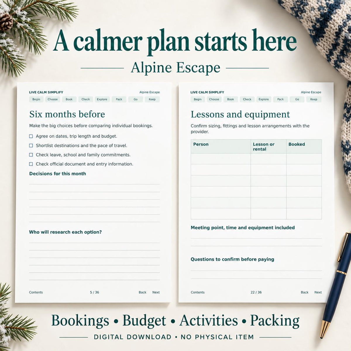 Ski Vacation Planner Printable, Six Month Countdown, 36 Pages, PDF and Editable Word