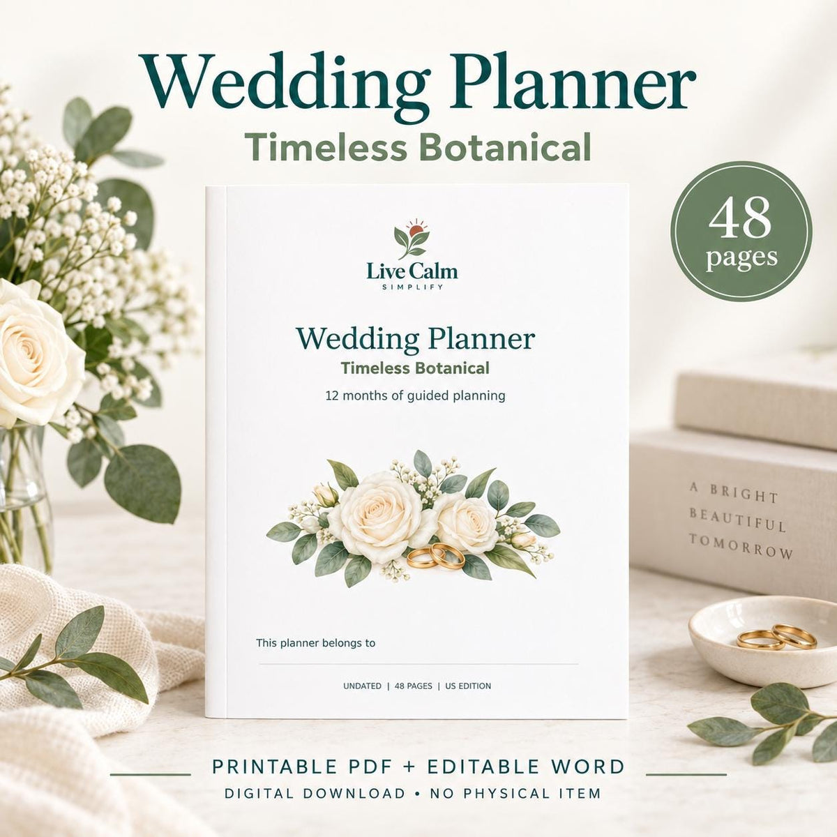 Wedding Planner Printable 12 Month Organizer Botanical Wedding Budget Checklist PDF and Editable Word