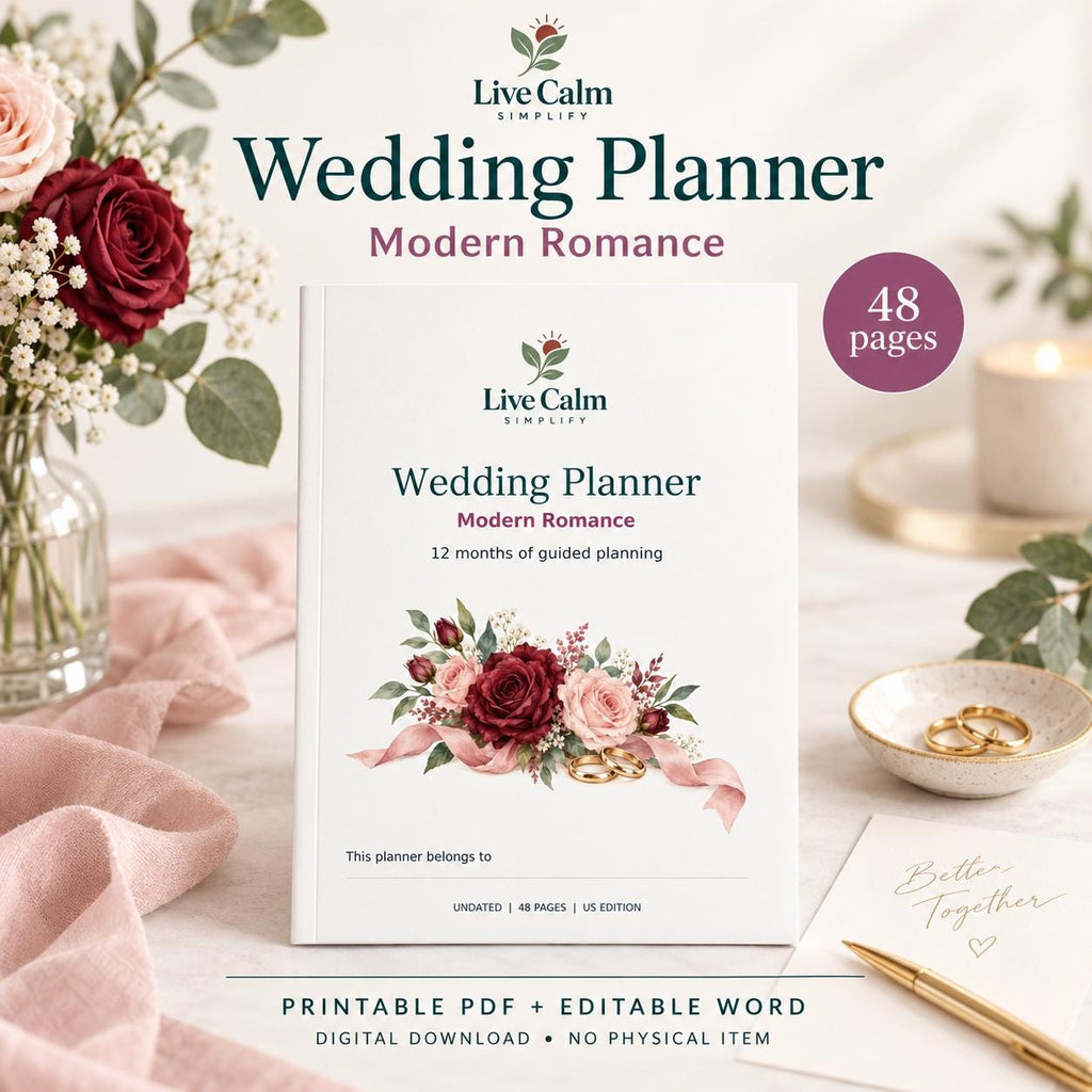 Wedding Planner Printable 12 Month Organizer Modern Romance Wedding Budget Checklist PDF and Word