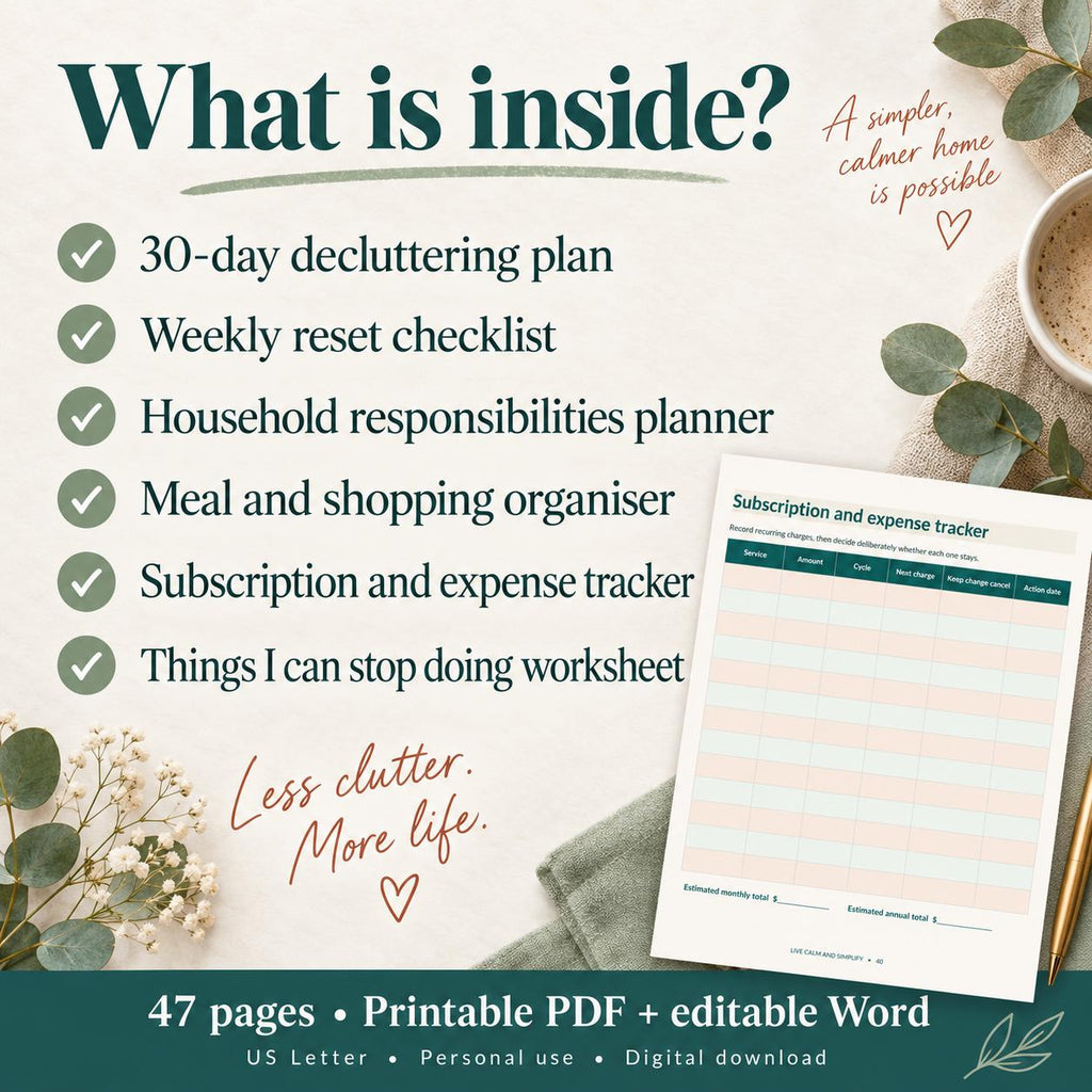 30-Day Life Reset Workbook | Printable Decluttering & Household Planner | PDF + Editable Word