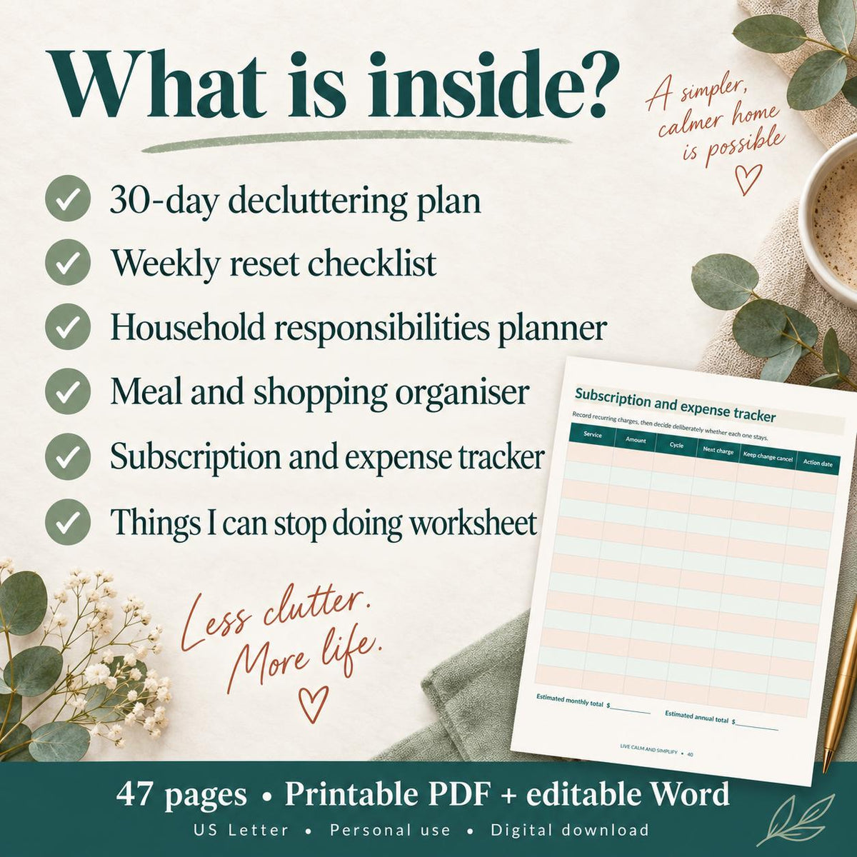 30-Day Life Reset Workbook | Printable Decluttering & Household Planner | PDF + Editable Word