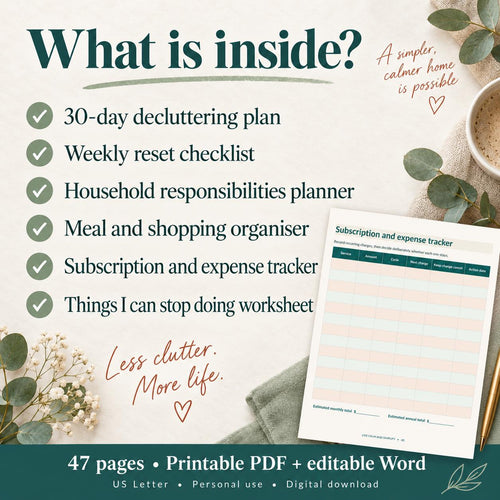 30-Day Life Reset Workbook | Printable Decluttering & Household Planner | PDF + Editable Word