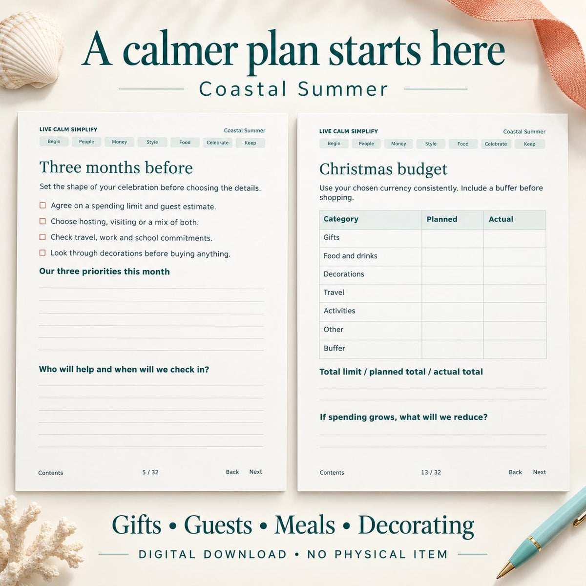 Summer Christmas Planner Printable, Coastal Theme, 32 Pages, PDF + editable word doc