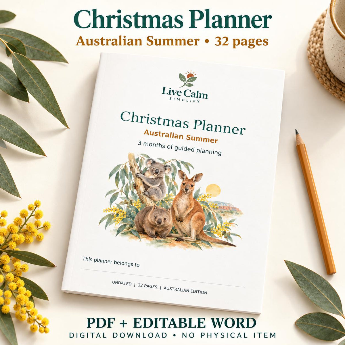 Australian Christmas Planner Printable, Native Animals, 32 Pages, PDF and Editable Word