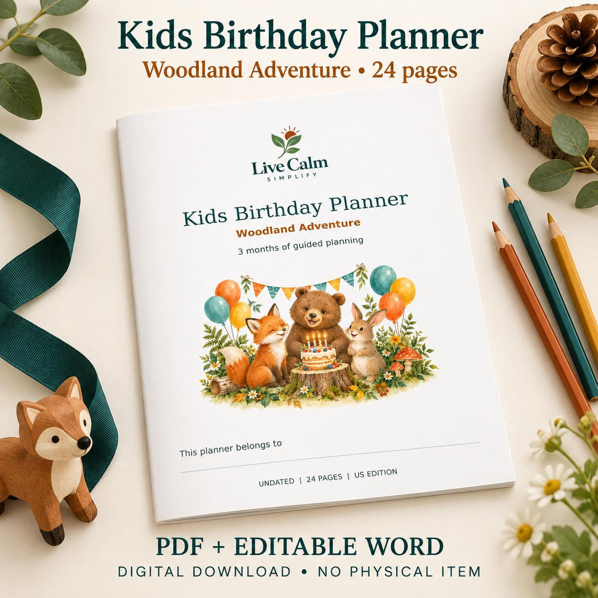 Kids Birthday Party Planner Printable, Woodland Animals, 24 Pages, PDF and Editable Word