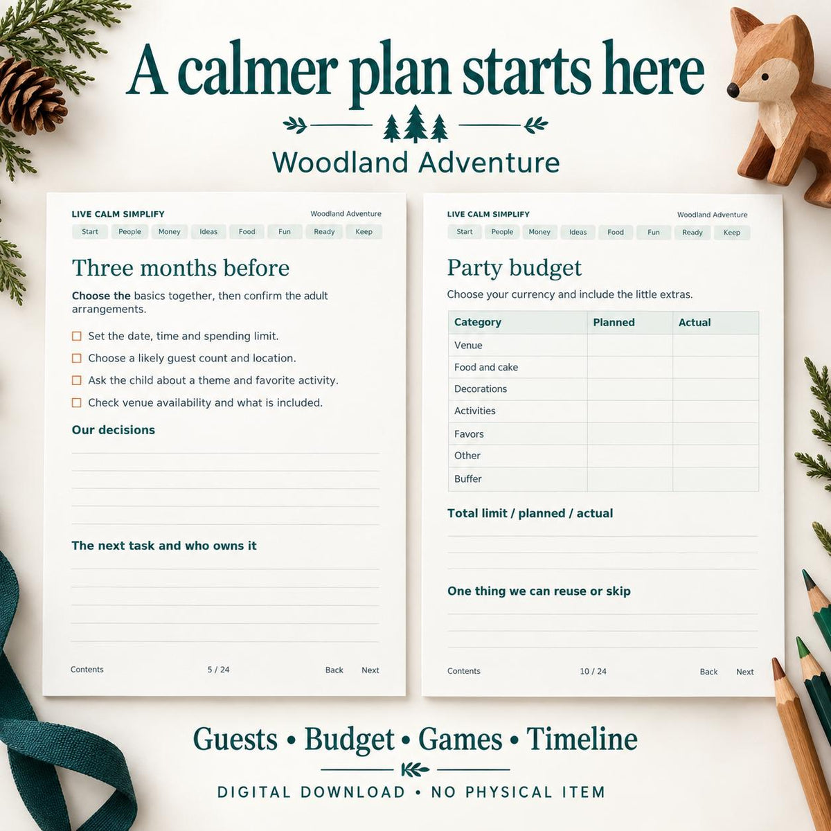 Kids Birthday Party Planner Printable, Woodland Animals, 24 Pages, PDF and Editable Word