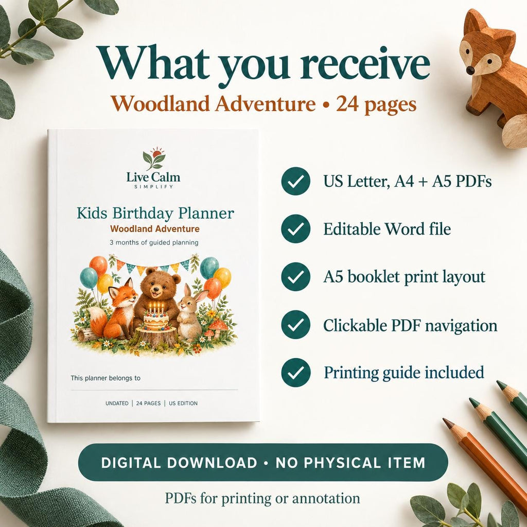 Kids Birthday Party Planner Printable, Woodland Animals, 24 Pages, PDF and Editable Word