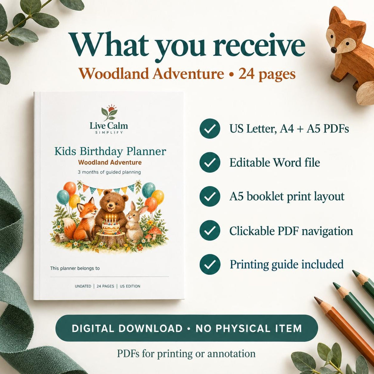 Kids Birthday Party Planner Printable, Woodland Animals, 24 Pages, PDF and Editable Word