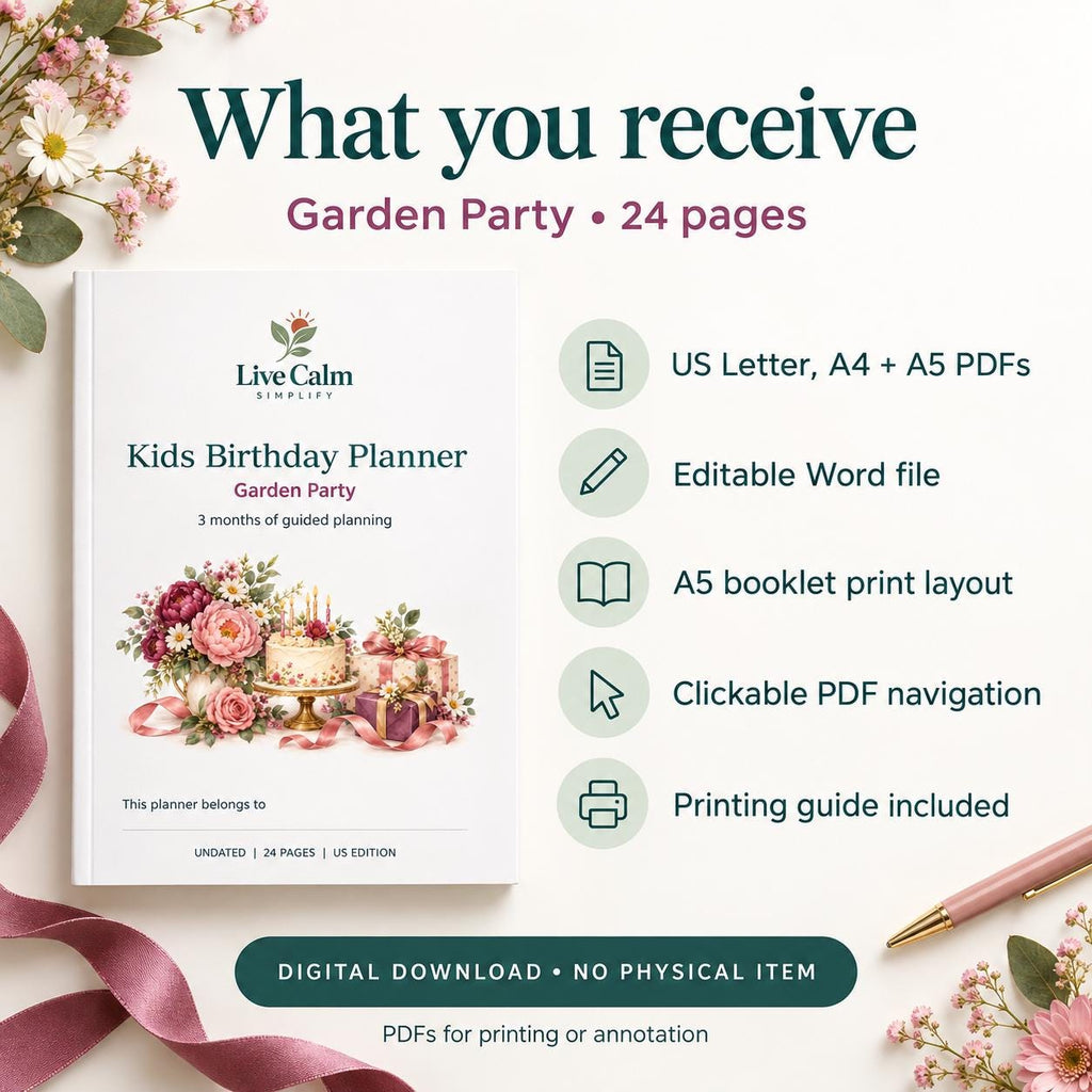 Kids Birthday Party Planner Printable, Garden Theme, 24 Pages, PDF and Editable Word