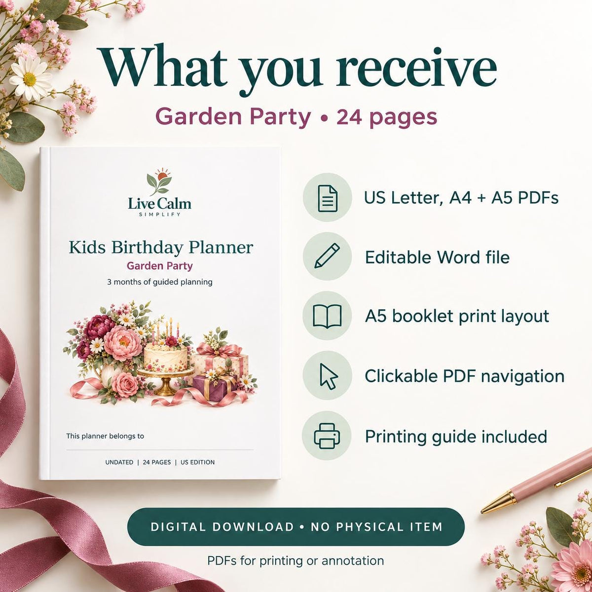 Kids Birthday Party Planner Printable, Garden Theme, 24 Pages, PDF and Editable Word