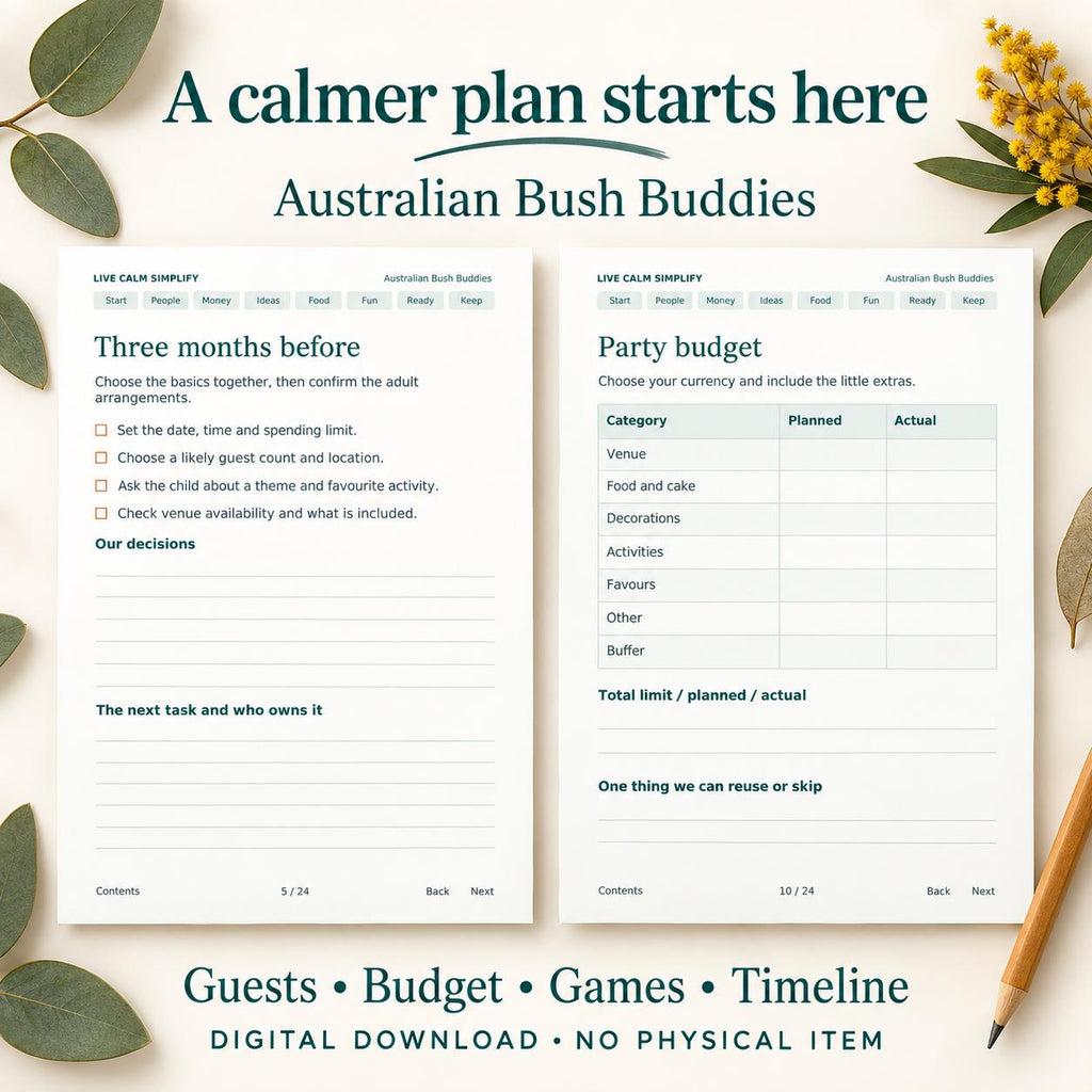 Kids Birthday Party Planner Printable, Australian Animals, 24 Pages, PDF and Editable Word