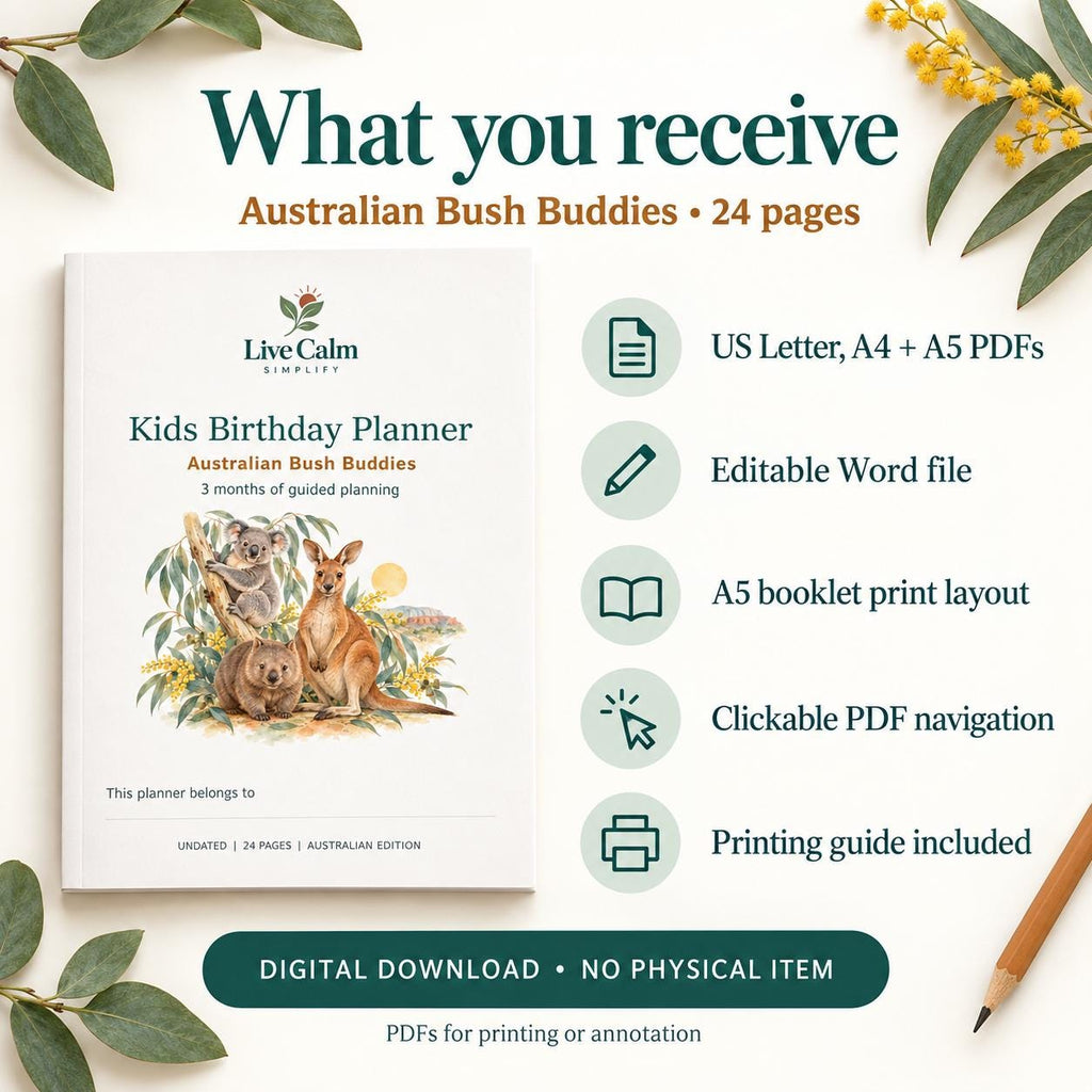Kids Birthday Party Planner Printable, Australian Animals, 24 Pages, PDF and Editable Word