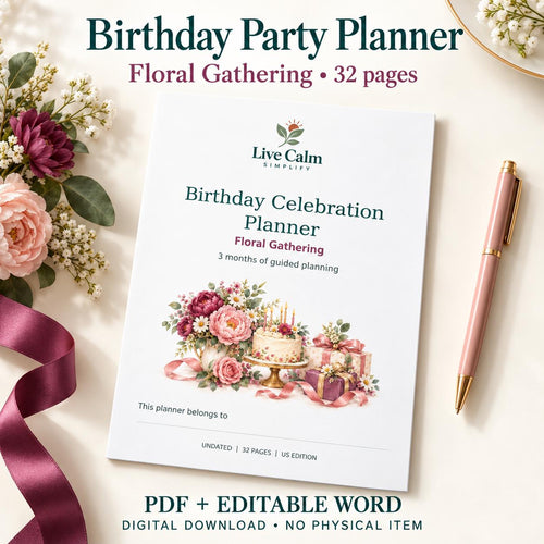 Adult Birthday Party Planner Printable, Floral Theme, 32 Pages, PDF and Editable Word