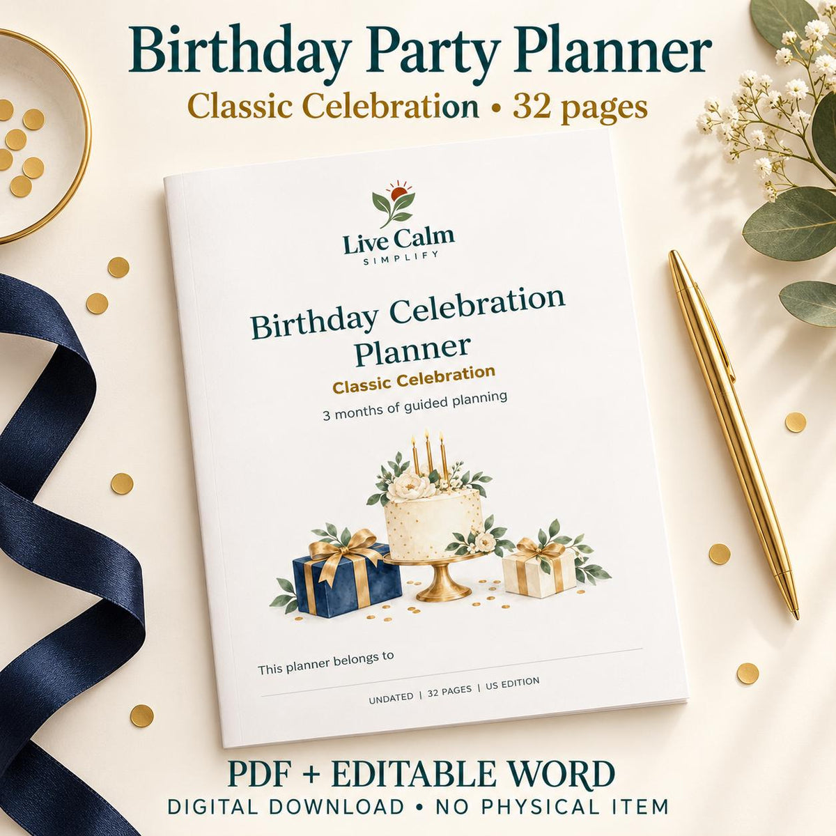 Adult Birthday Party Planner Printable, Classic Theme, 32 Pages, PDF and Editable Word