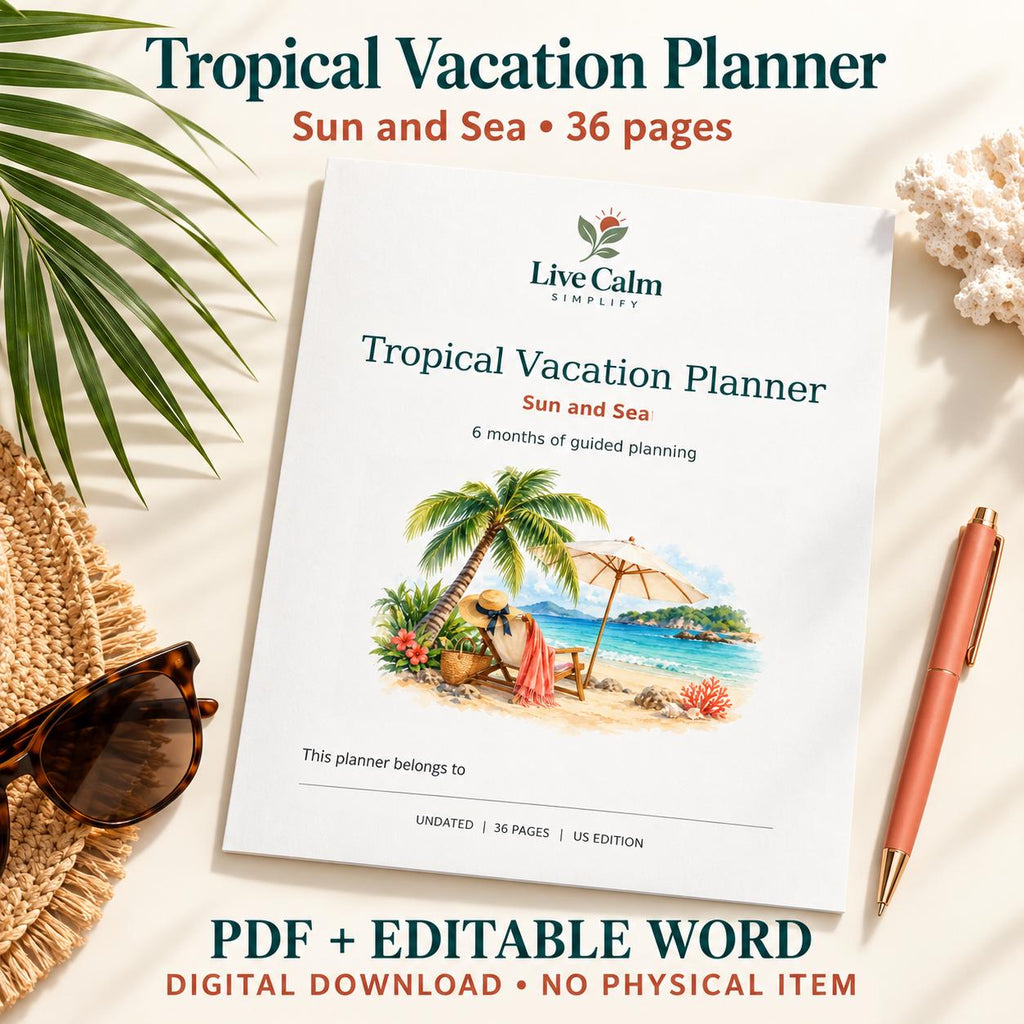 Tropical Vacation Planner Printable, Six Month Countdown, 36 Pages, PDF and Editable Word