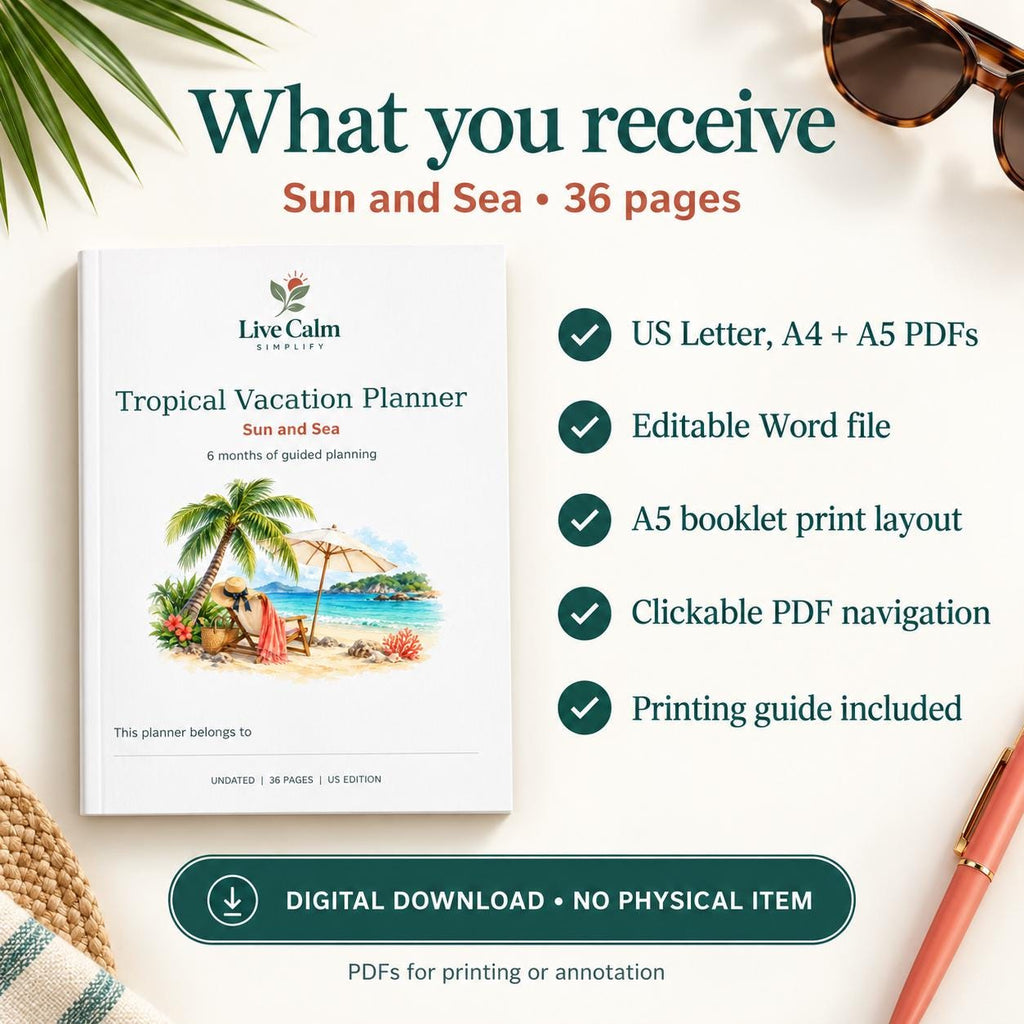 Tropical Vacation Planner Printable, Six Month Countdown, 36 Pages, PDF and Editable Word