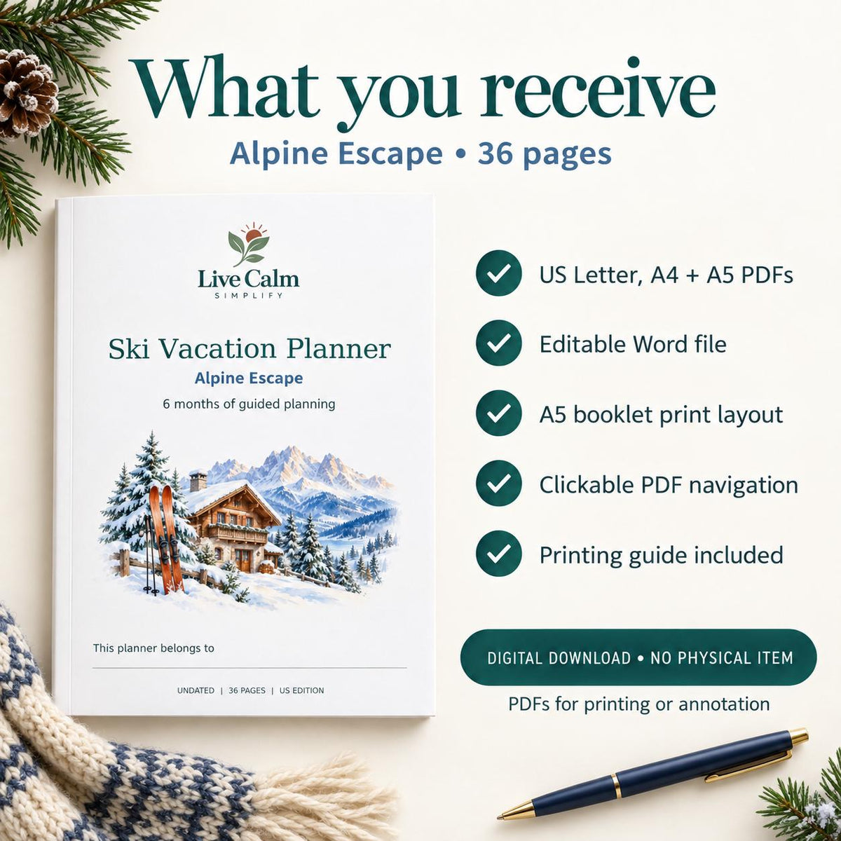 Ski Vacation Planner Printable, Six Month Countdown, 36 Pages, PDF and Editable Word