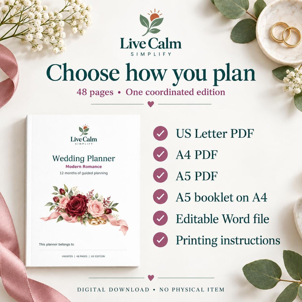 Wedding Planner Printable 12 Month Organizer Modern Romance Wedding Budget Checklist PDF and Word