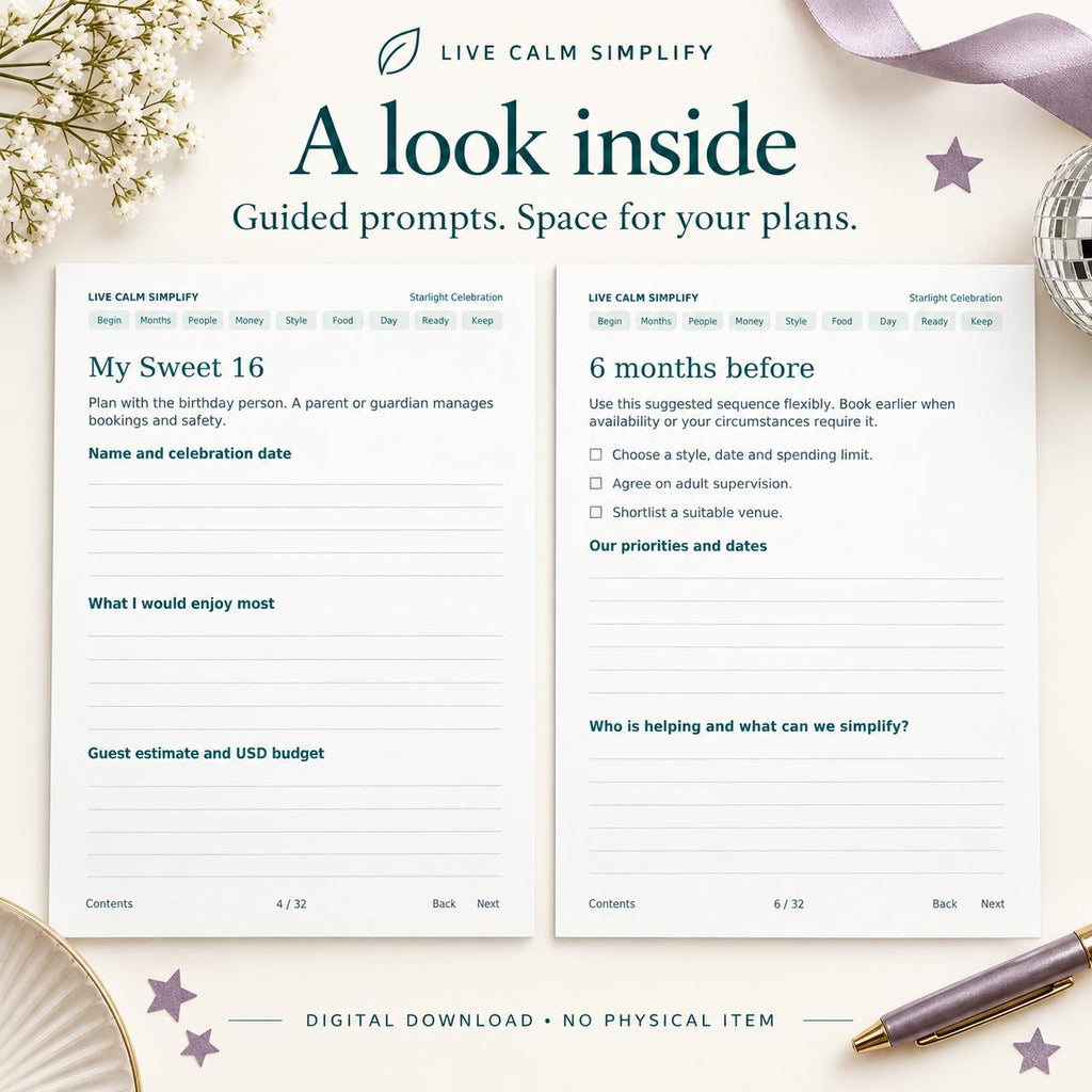 Sweet 16 Party Planner: Starlight Celebration 6-Month Checklist (PDF + Word)