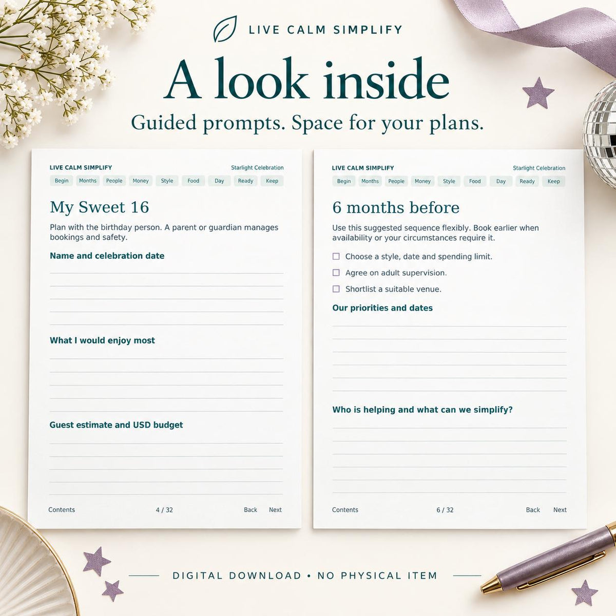 Sweet 16 Party Planner: Starlight Celebration 6-Month Checklist (PDF + Word)